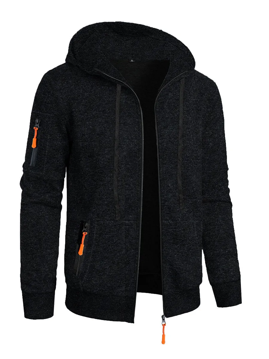 Men's loose fit polyester fibre hooded cardigan coat in solid colour jacquard knit, front view