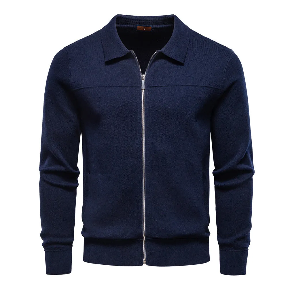 Men's 100% cotton slim fit zip cardigan in black, dark blue, and dark gray - front view