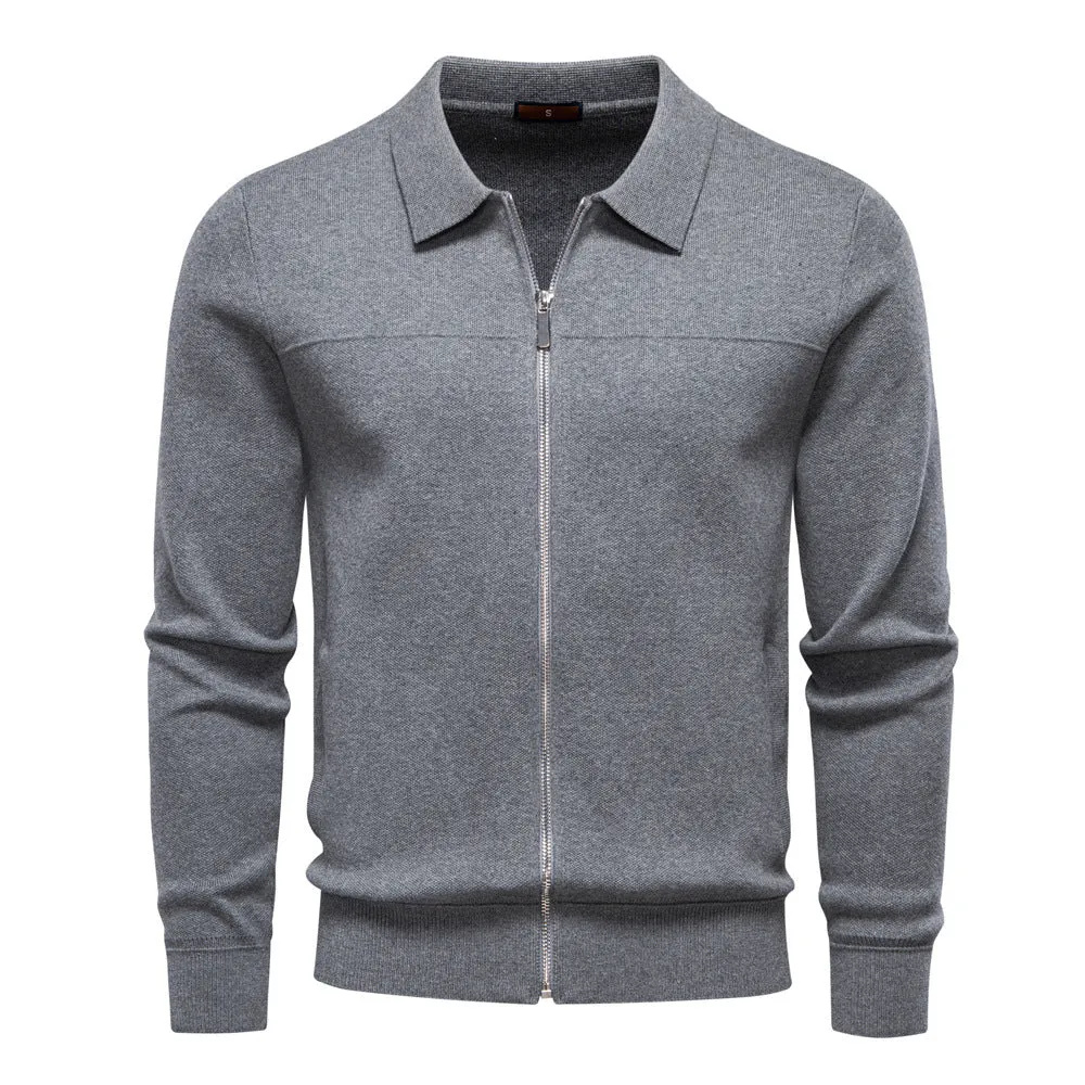 Men's 100% cotton slim fit zip cardigan in black, dark blue, and dark gray - front view
