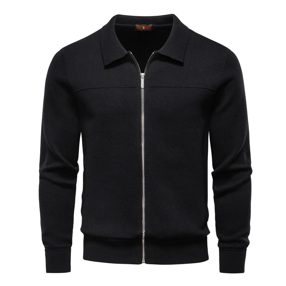 Men's 100% cotton slim fit zip cardigan in black, dark blue, and dark gray - front view