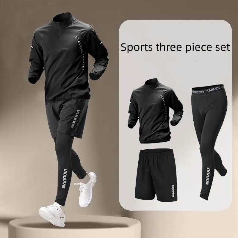 Men's black fitness set with long sleeve top, shorts, and long trousers in ice silk quick-dry polyester fabric