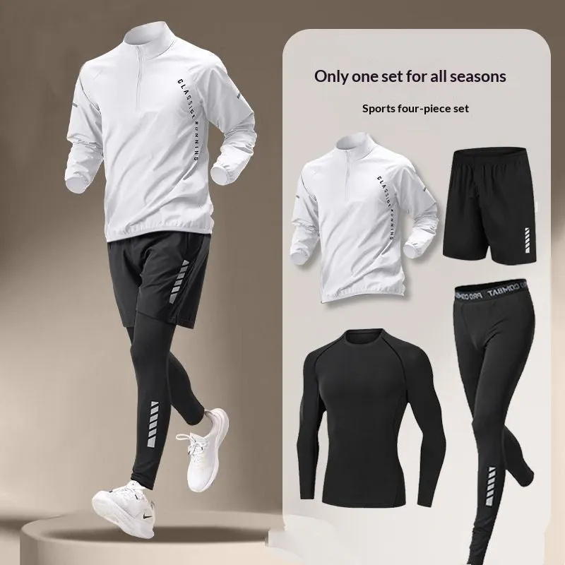 Men's black fitness set with long sleeve top, shorts, and long trousers in ice silk quick-dry polyester fabric