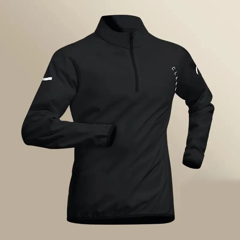 Men's black fitness set with long sleeve top, shorts, and long trousers in ice silk quick-dry polyester fabric