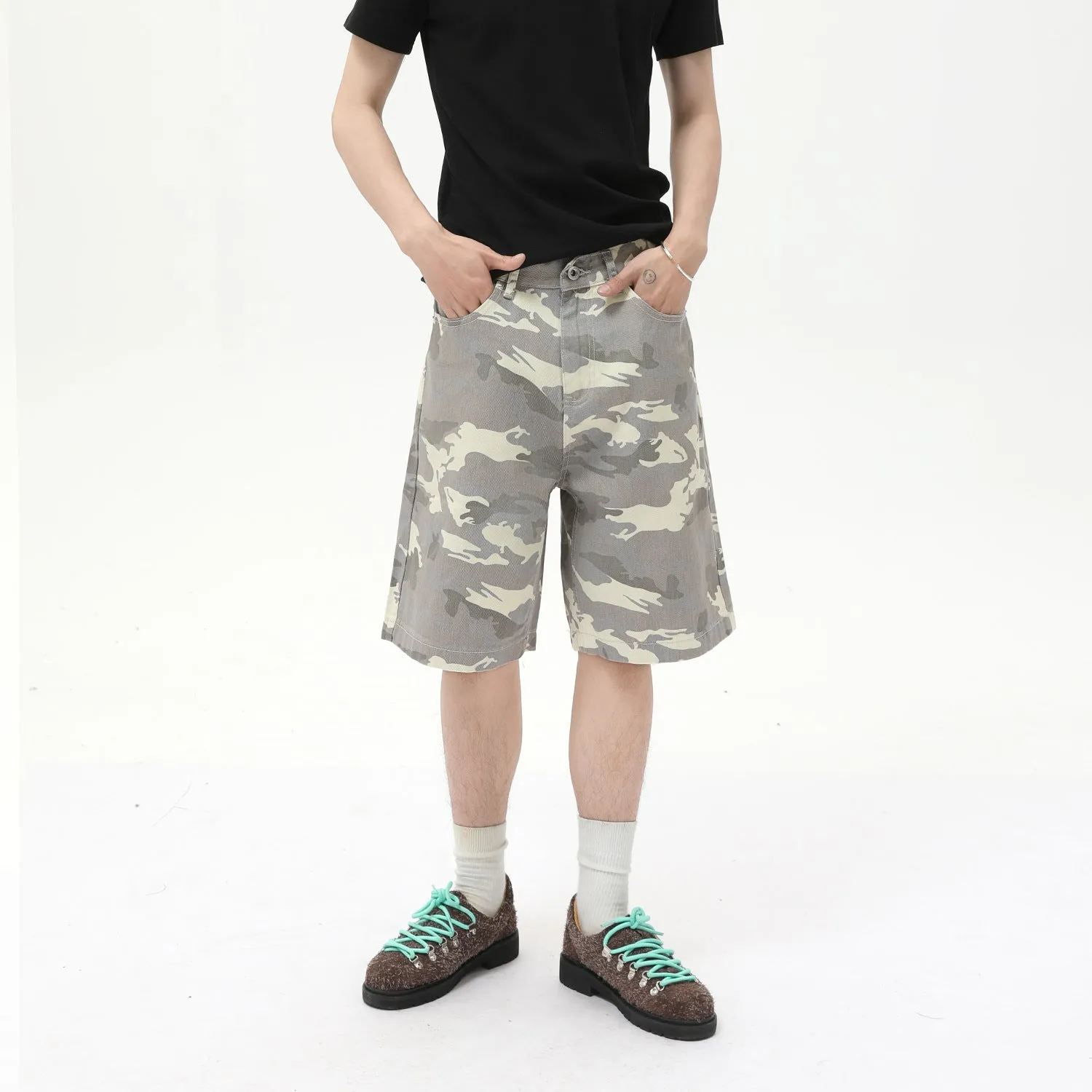 Men's American-style camouflage loose wide leg cotton denim shorts with zipper fly