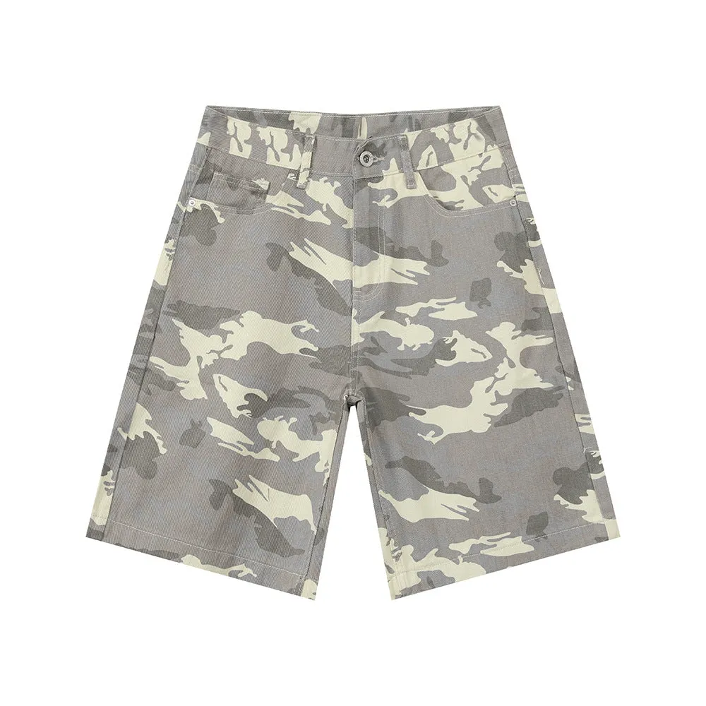 Men's American-style camouflage loose wide leg cotton denim shorts with zipper fly
