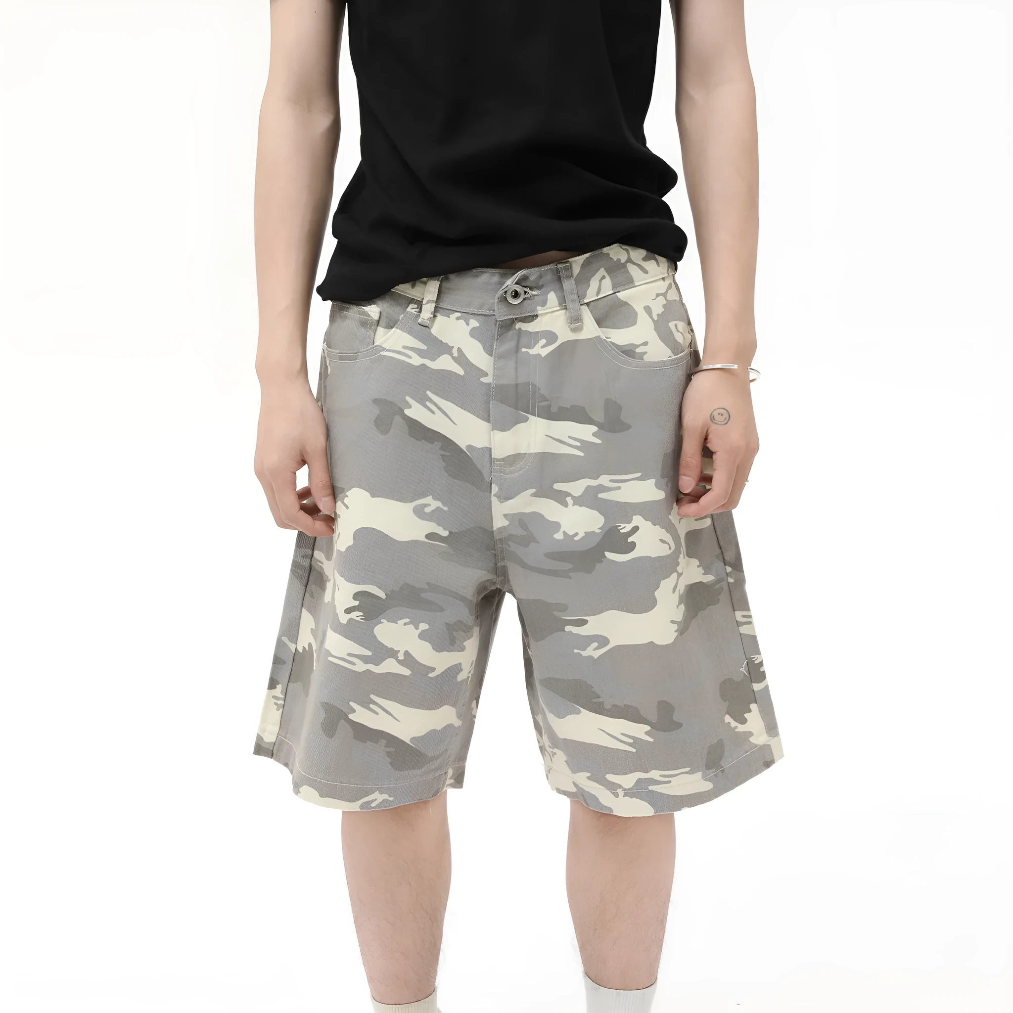 Men's American-style camouflage loose wide leg cotton denim shorts with zipper fly