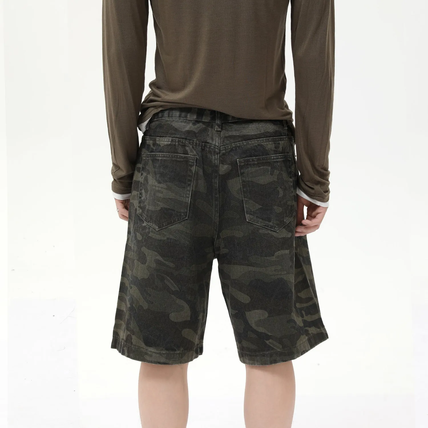 Men's American-style camouflage loose wide leg cotton denim shorts with zipper fly