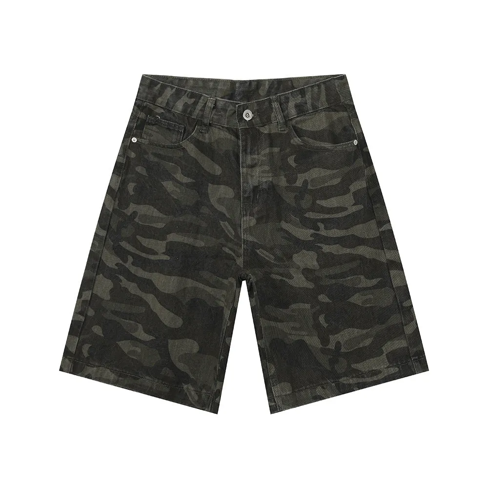 Men's American-style camouflage loose wide leg cotton denim shorts with zipper fly