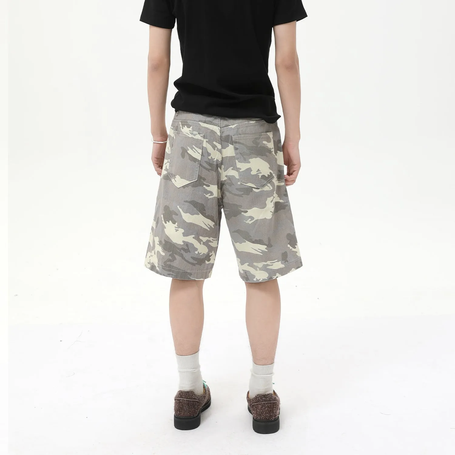 Men's American-style camouflage loose wide leg cotton denim shorts with zipper fly
