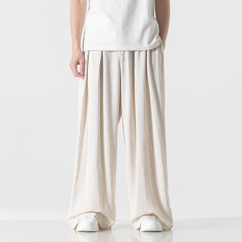 Men's linen straight casual trousers in beige, drawstring waist, crumple texture, full length view