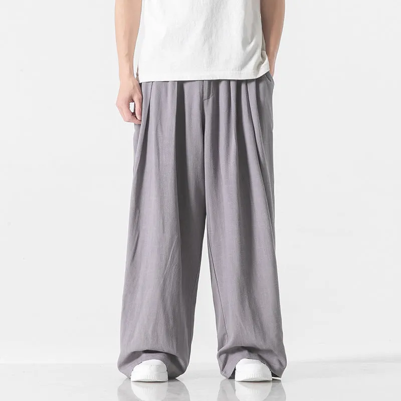 Men's linen straight casual trousers in beige, drawstring waist, crumple texture, full length view