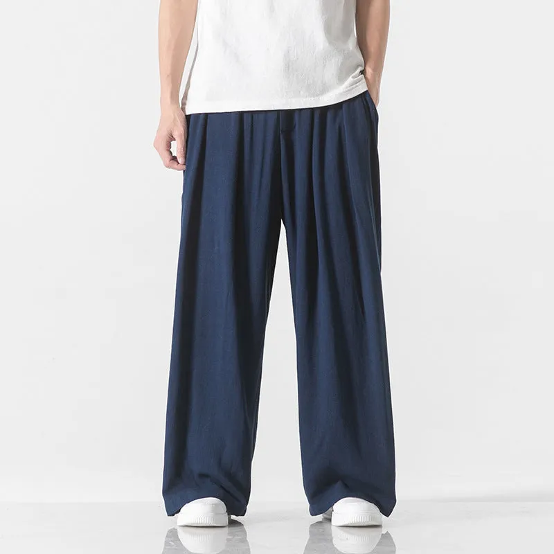 Men's linen straight casual trousers in beige, drawstring waist, crumple texture, full length view