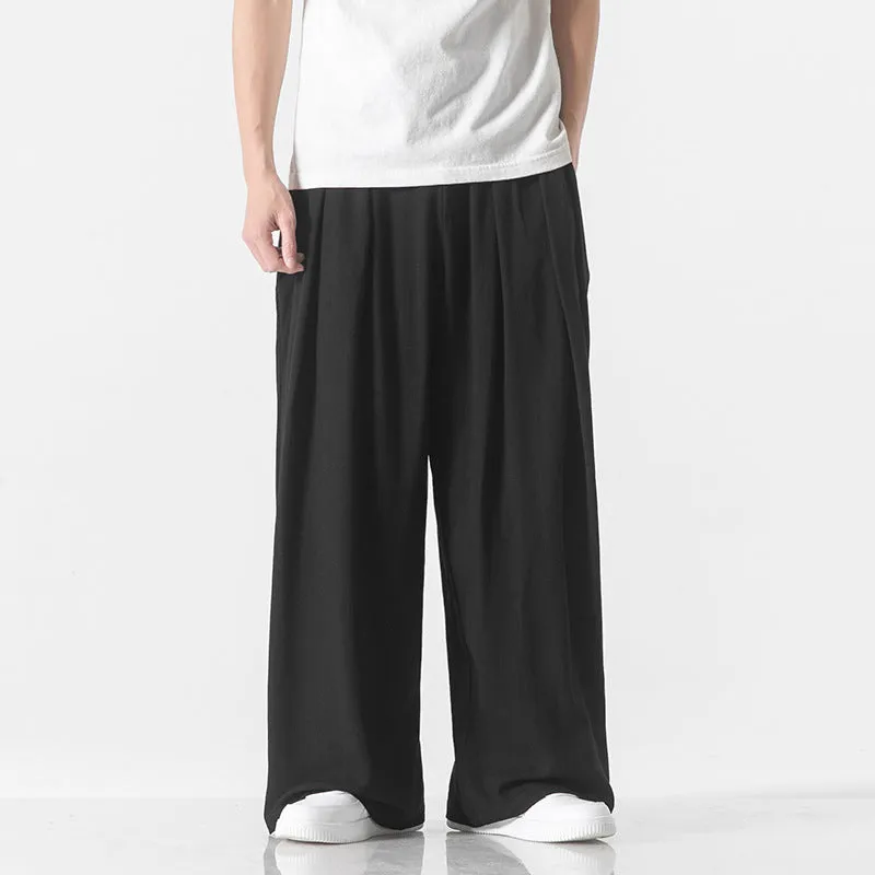 Men's linen straight casual trousers in beige, drawstring waist, crumple texture, full length view