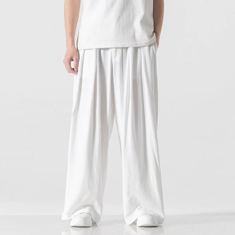 Men's linen straight casual trousers in beige, drawstring waist, crumple texture, full length view