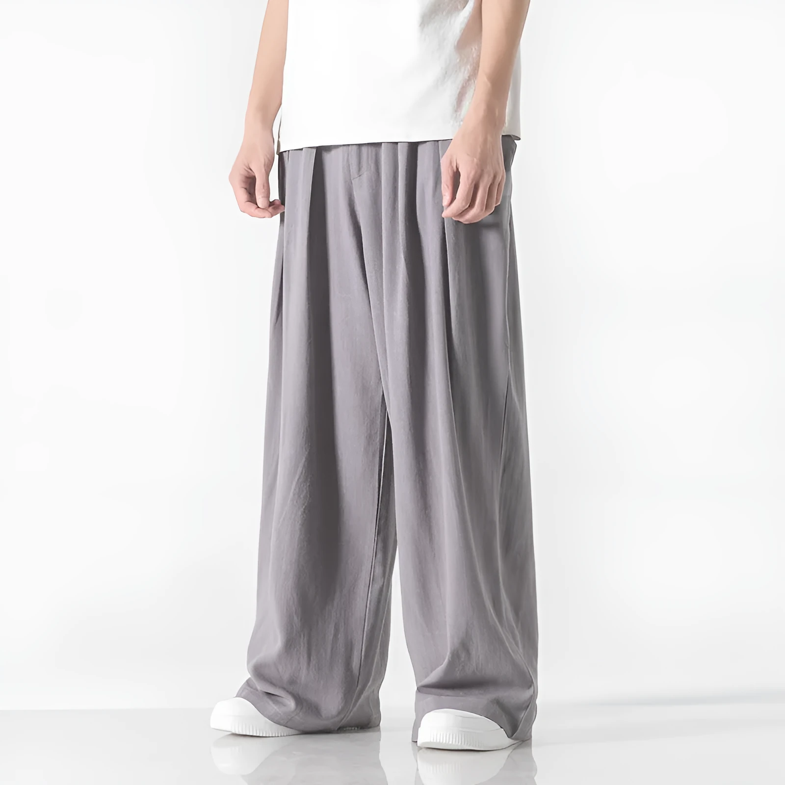 Men's linen straight casual trousers in beige, drawstring waist, crumple texture, full length view