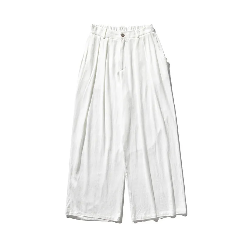 Men's linen straight casual trousers in beige, drawstring waist, crumple texture, full length view
