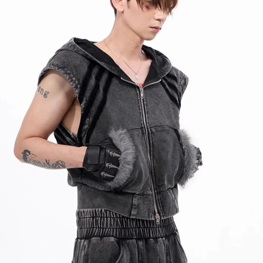 Korean style sleeveless hooded vest and matching trousers two-piece set in black/grey or yellow