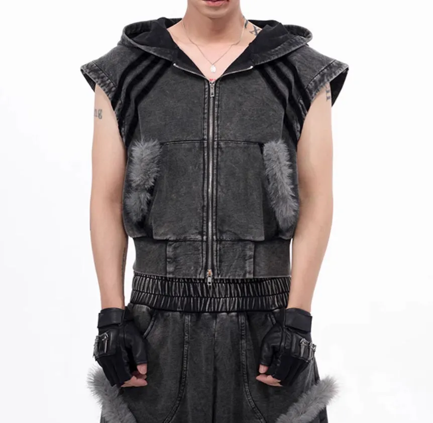 Korean style sleeveless hooded vest and matching trousers two-piece set in black/grey or yellow