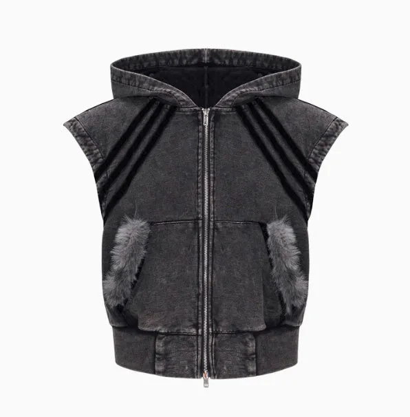 Korean style sleeveless hooded vest and matching trousers two-piece set in black/grey or yellow