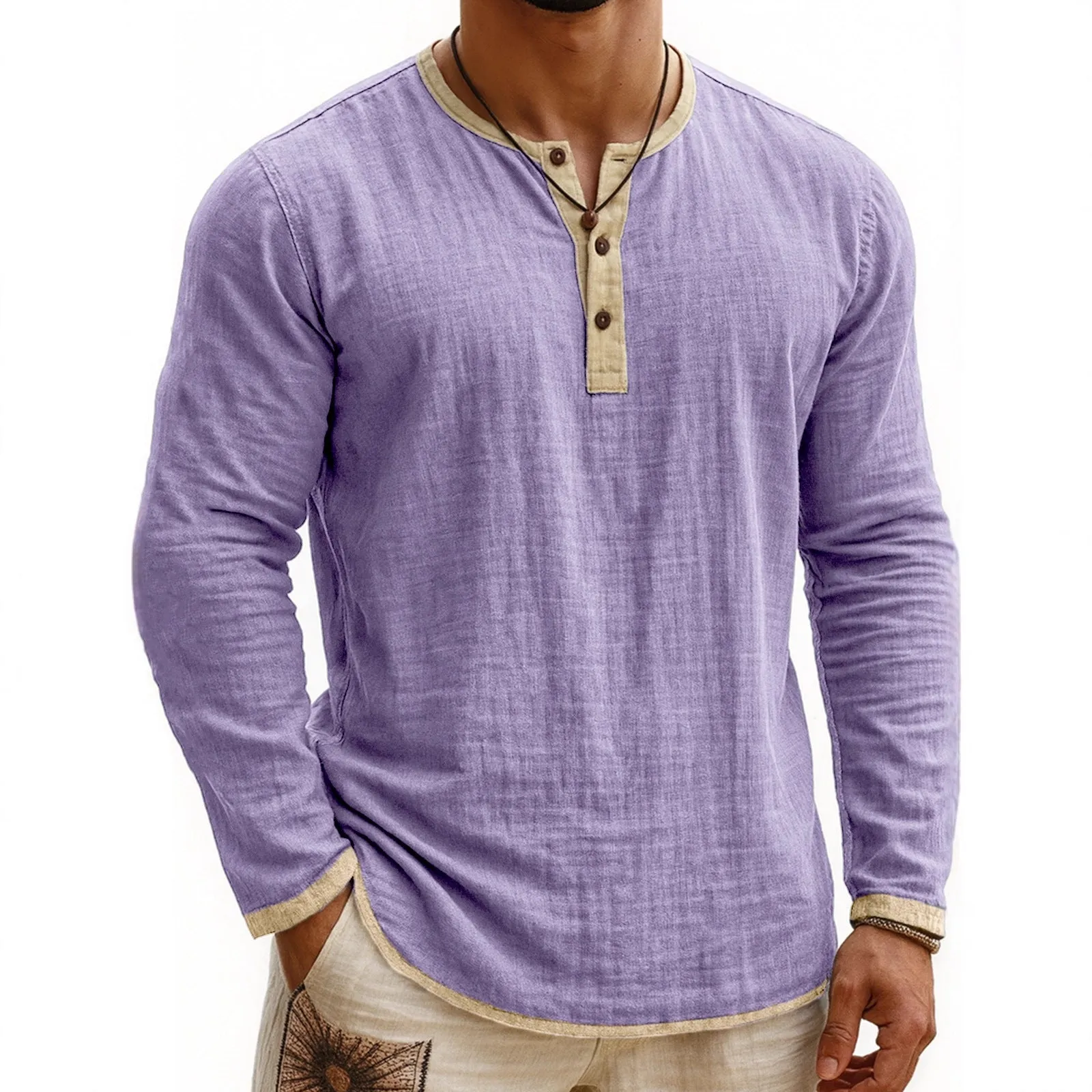Digital printing two-tone Henley shirt for men, long sleeve, three-button placket, slim fit pullover style
