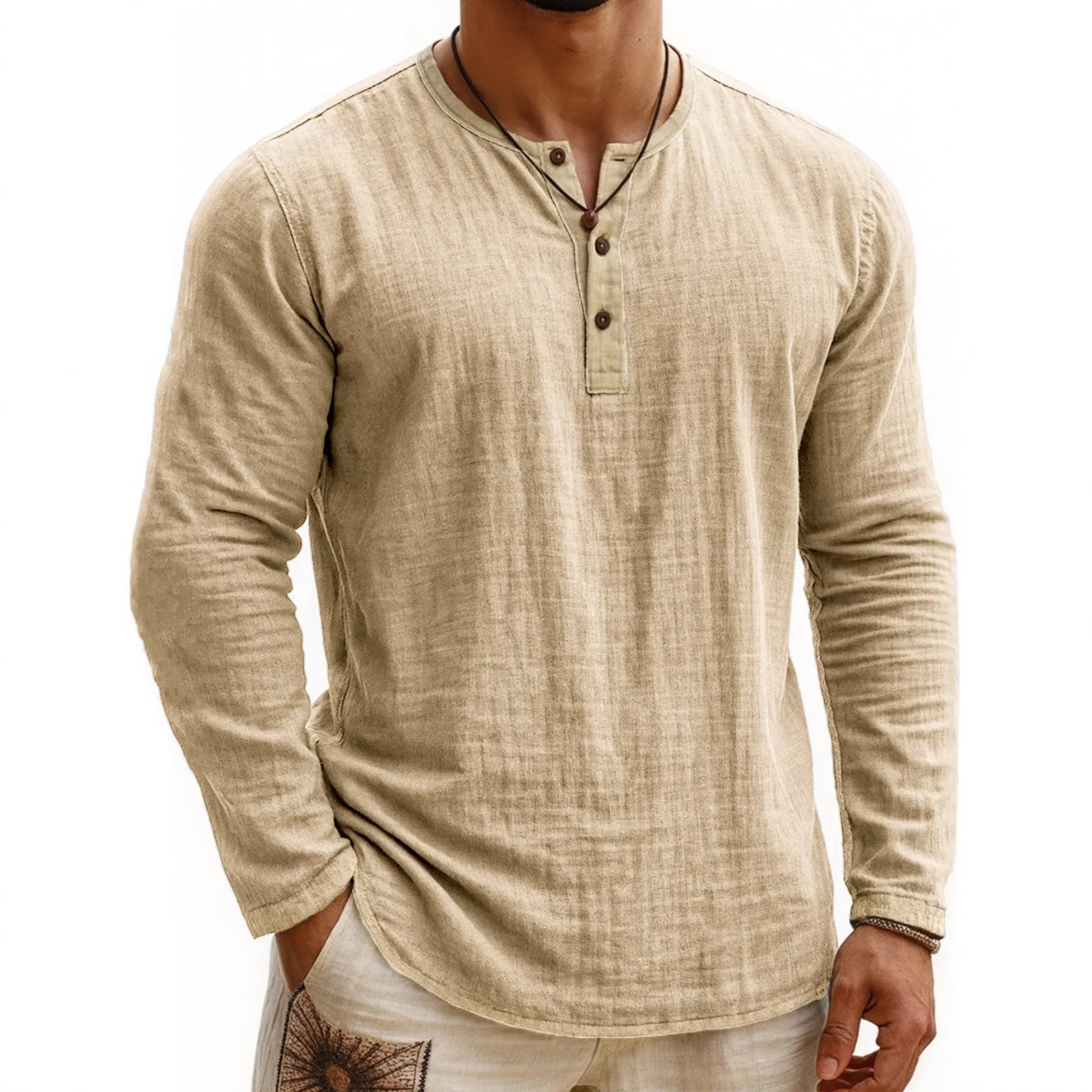 Digital printing two-tone Henley shirt for men, long sleeve, three-button placket, slim fit pullover style
