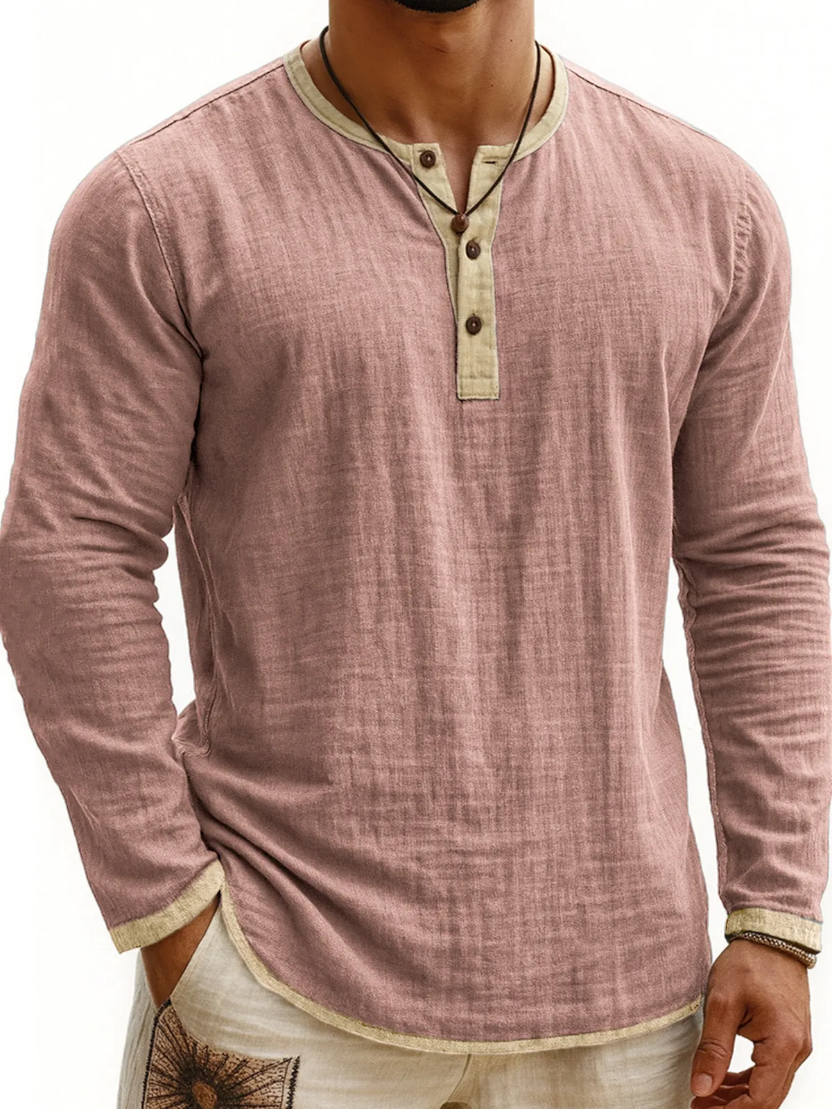 Digital printing two-tone Henley shirt for men, long sleeve, three-button placket, slim fit pullover style