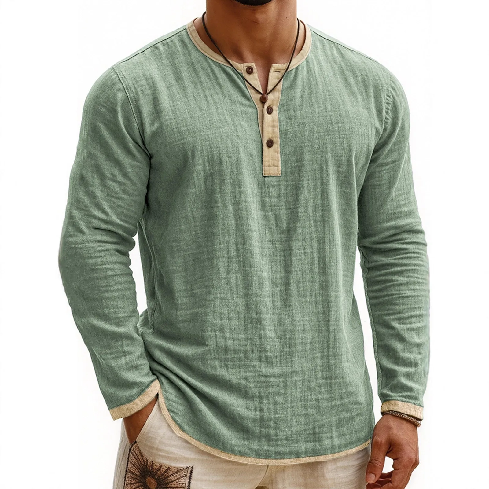 Digital printing two-tone Henley shirt for men, long sleeve, three-button placket, slim fit pullover style