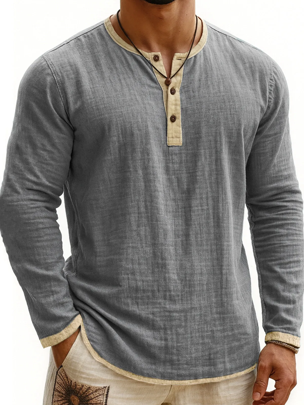 Digital printing two-tone Henley shirt for men, long sleeve, three-button placket, slim fit pullover style