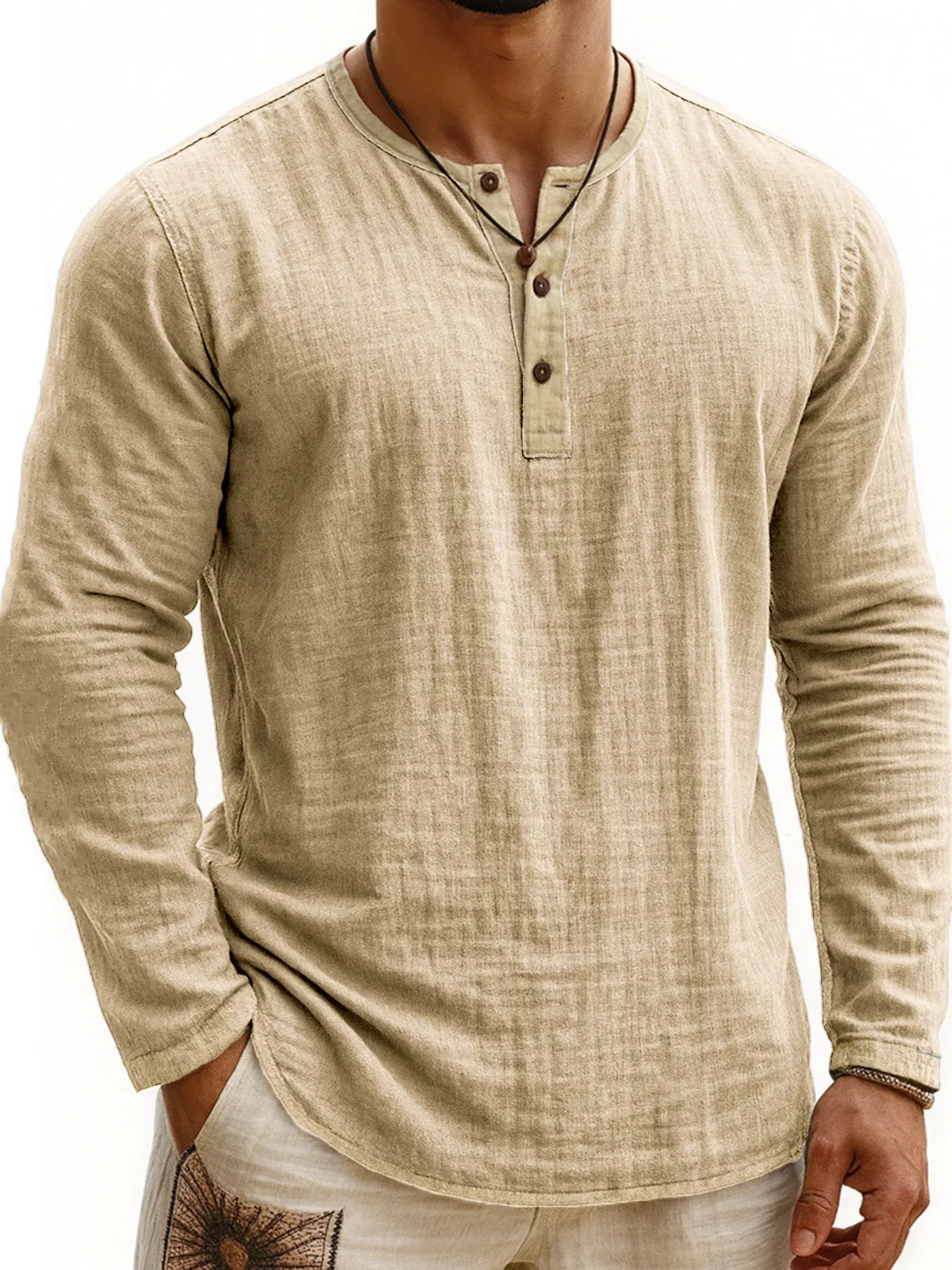 Digital printing two-tone Henley shirt for men, long sleeve, three-button placket, slim fit pullover style