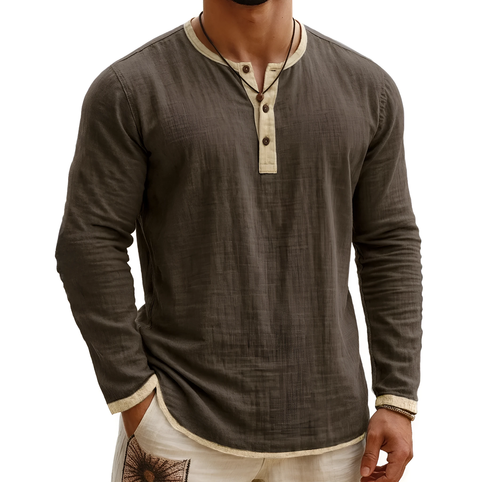 Digital printing two-tone Henley shirt for men, long sleeve, three-button placket, slim fit pullover style