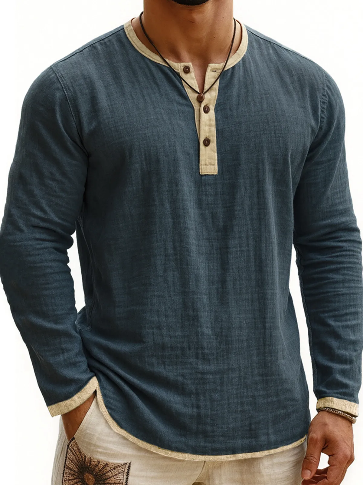 Digital printing two-tone Henley shirt for men, long sleeve, three-button placket, slim fit pullover style