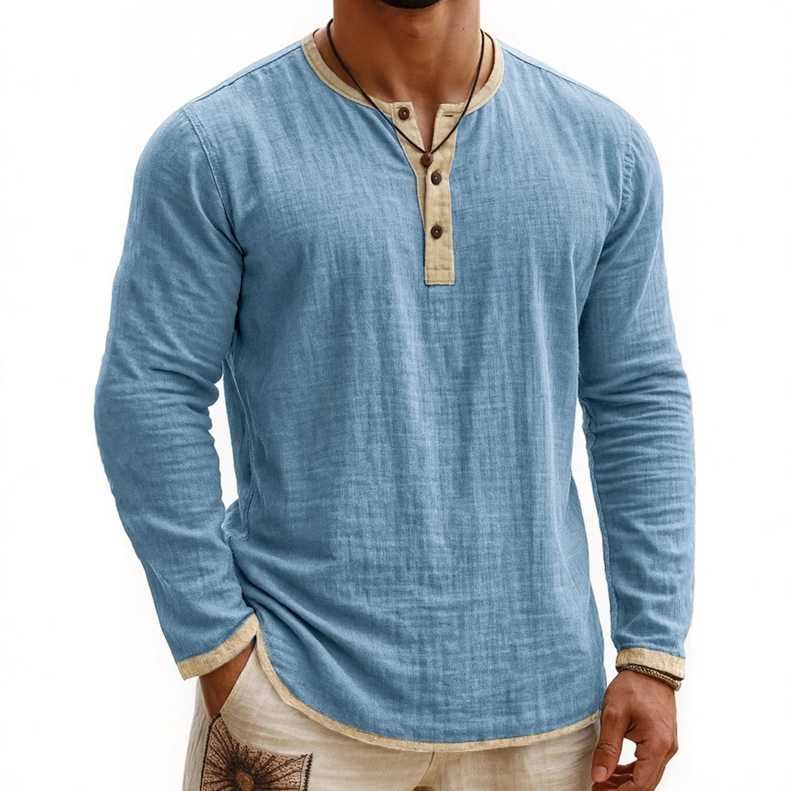 Digital printing two-tone Henley shirt for men, long sleeve, three-button placket, slim fit pullover style