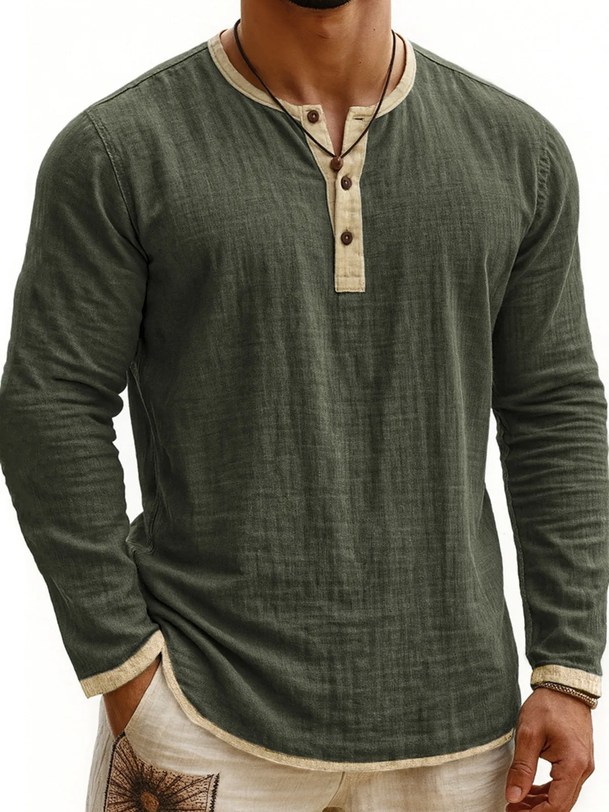 Digital printing two-tone Henley shirt for men, long sleeve, three-button placket, slim fit pullover style