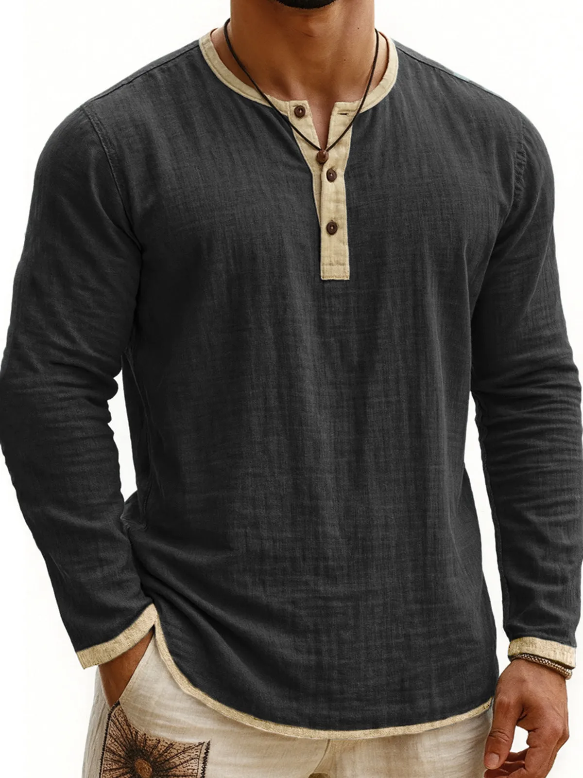 Digital printing two-tone Henley shirt for men, long sleeve, three-button placket, slim fit pullover style
