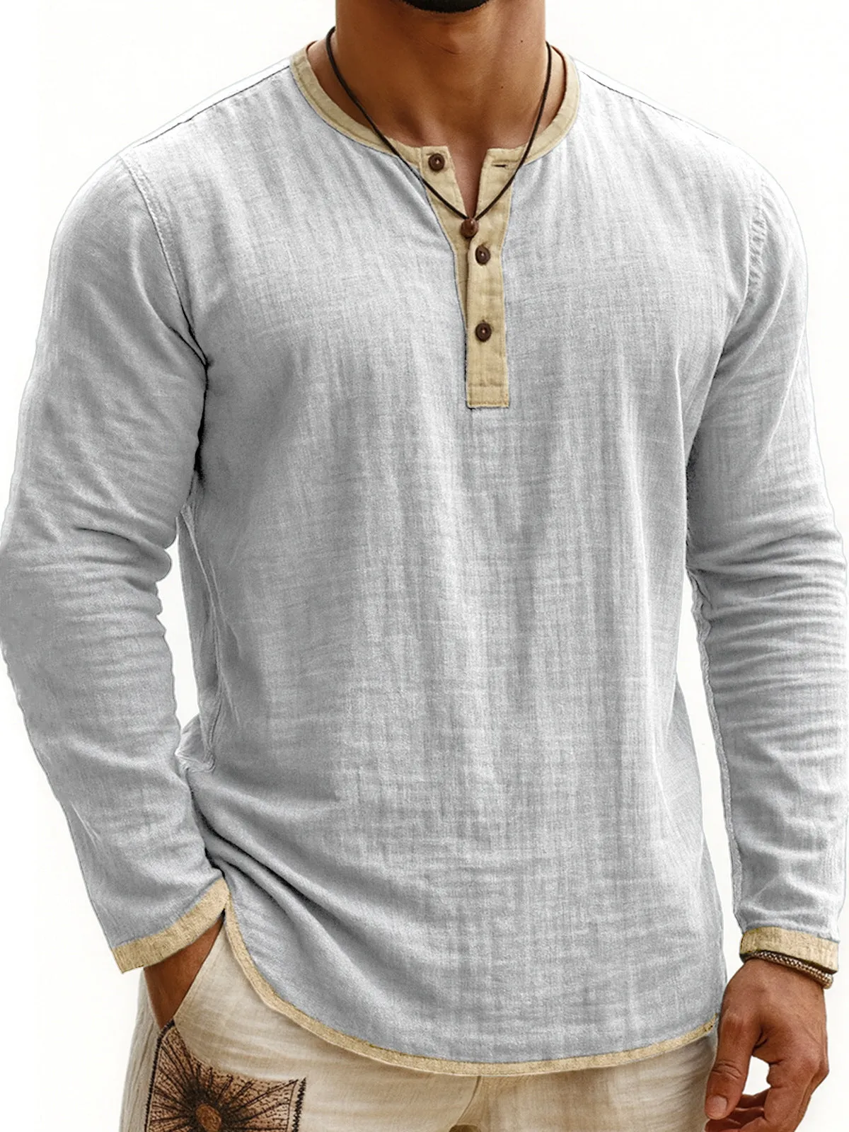 Digital printing two-tone Henley shirt for men, long sleeve, three-button placket, slim fit pullover style