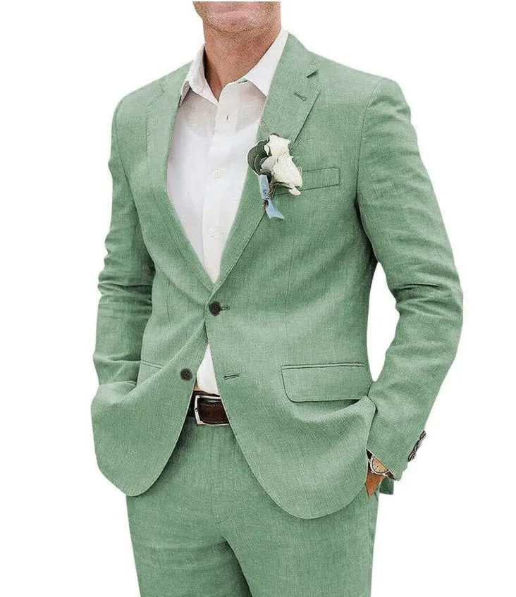 Men's beige linen blend two-piece suit with slim fit tailoring for light business wear
