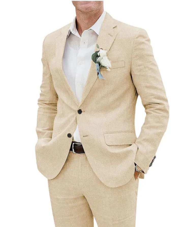 Men's beige linen blend two-piece suit with slim fit tailoring for light business wear
