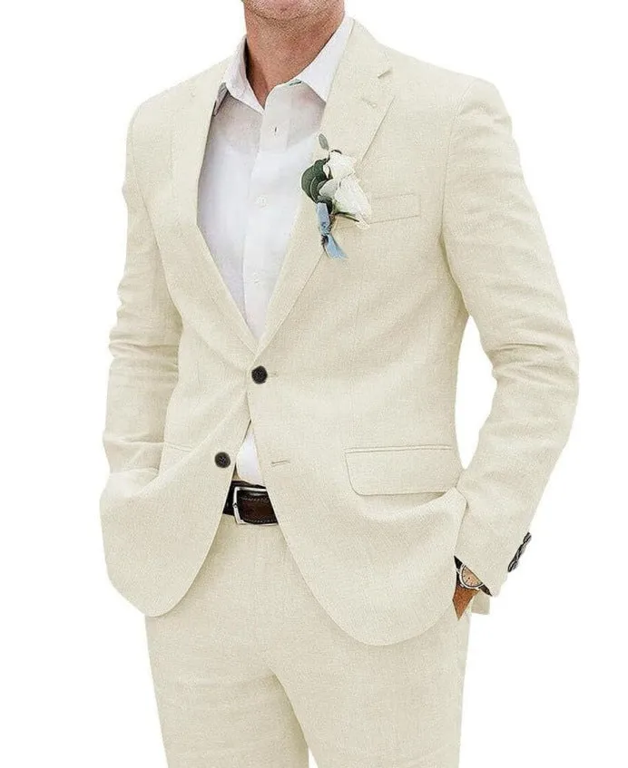 Men's beige linen blend two-piece suit with slim fit tailoring for light business wear