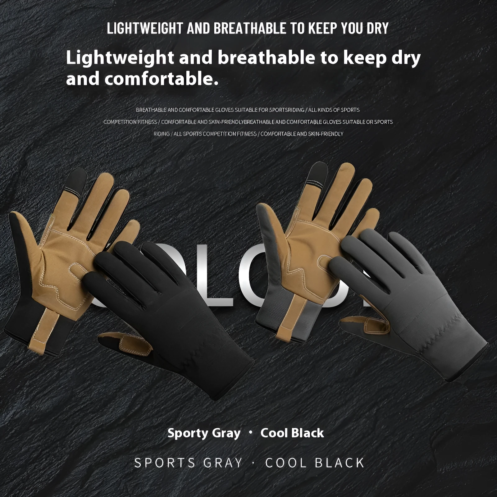 Pair of men's and women's sports cycling gloves in black PU fabric with touch screen fingertips