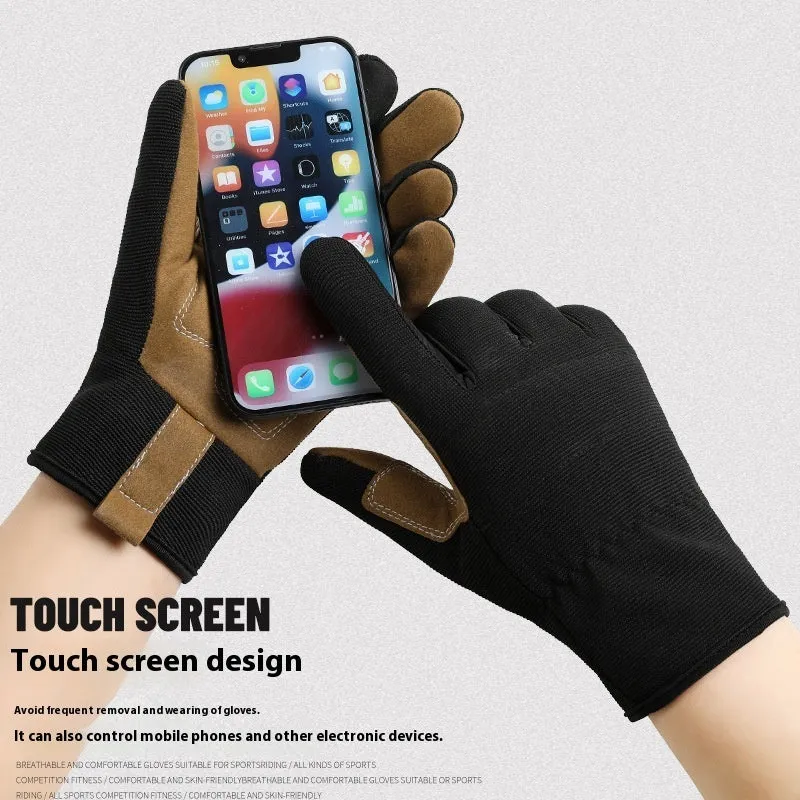 Pair of men's and women's sports cycling gloves in black PU fabric with touch screen fingertips