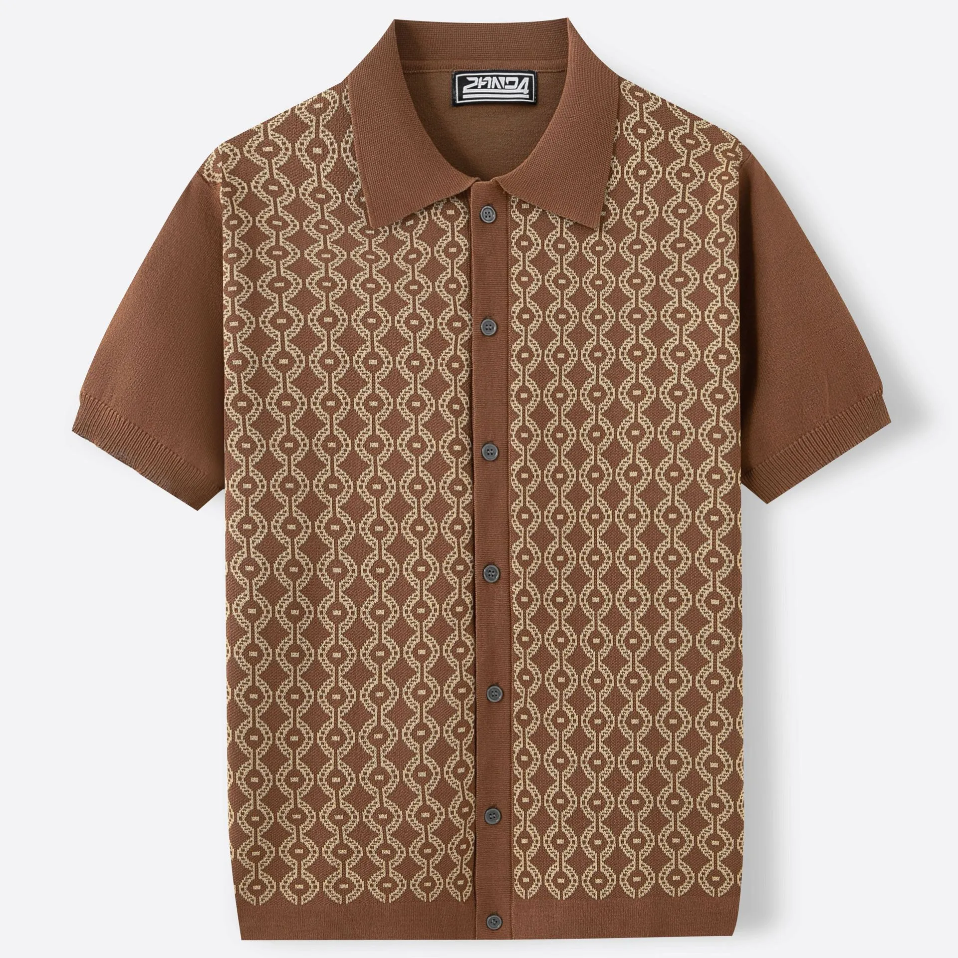 Men's summer Tencel short-sleeved lapel jacquard cardigan in black with geometric pattern