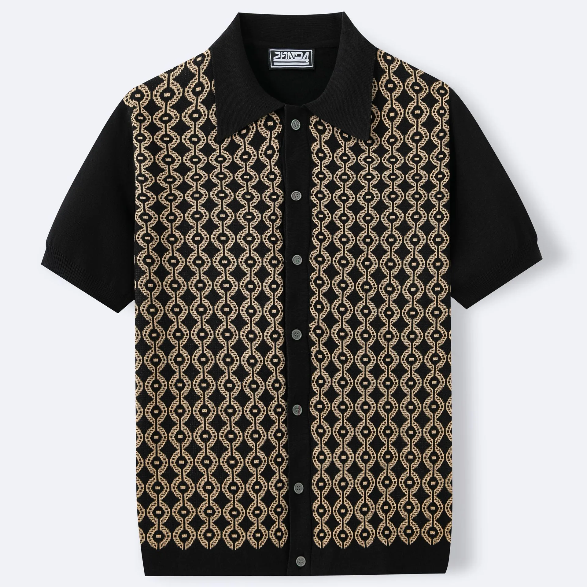 Men's summer Tencel short-sleeved lapel jacquard cardigan in black with geometric pattern
