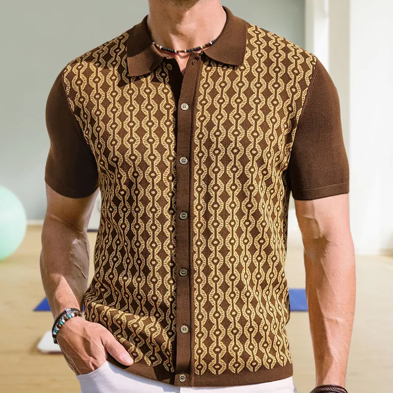 Men's summer Tencel short-sleeved lapel jacquard cardigan in black with geometric pattern