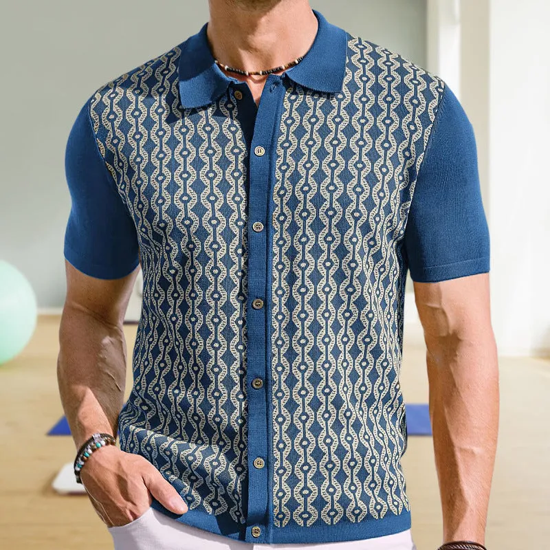 Men's summer Tencel short-sleeved lapel jacquard cardigan in black with geometric pattern