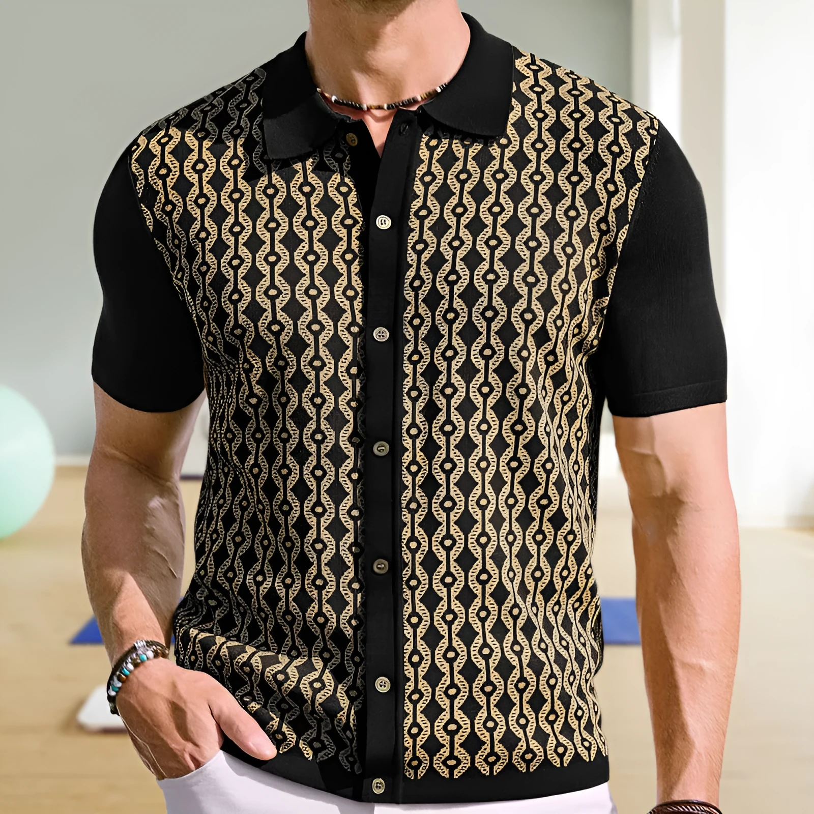 Men's summer Tencel short-sleeved lapel jacquard cardigan in black with geometric pattern