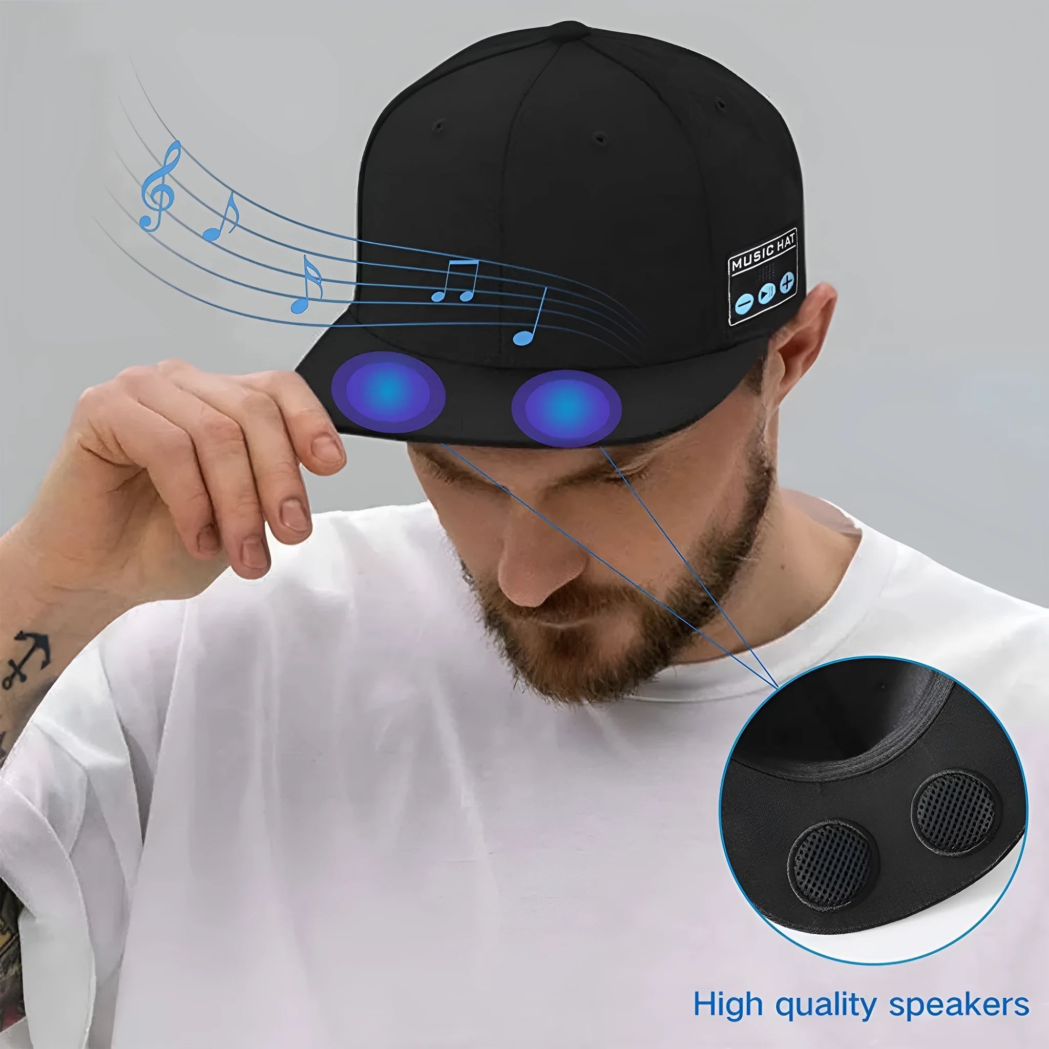 Wireless Bluetooth audio cap headphones in black with integrated side controls and fabric baseball cap design