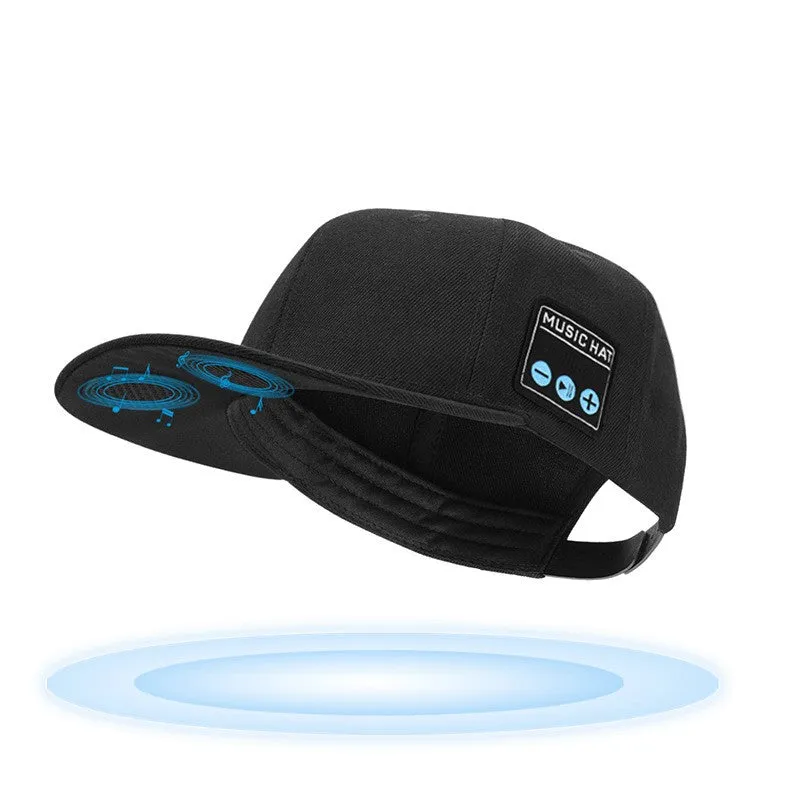 Wireless Bluetooth audio cap headphones in black with integrated side controls and fabric baseball cap design