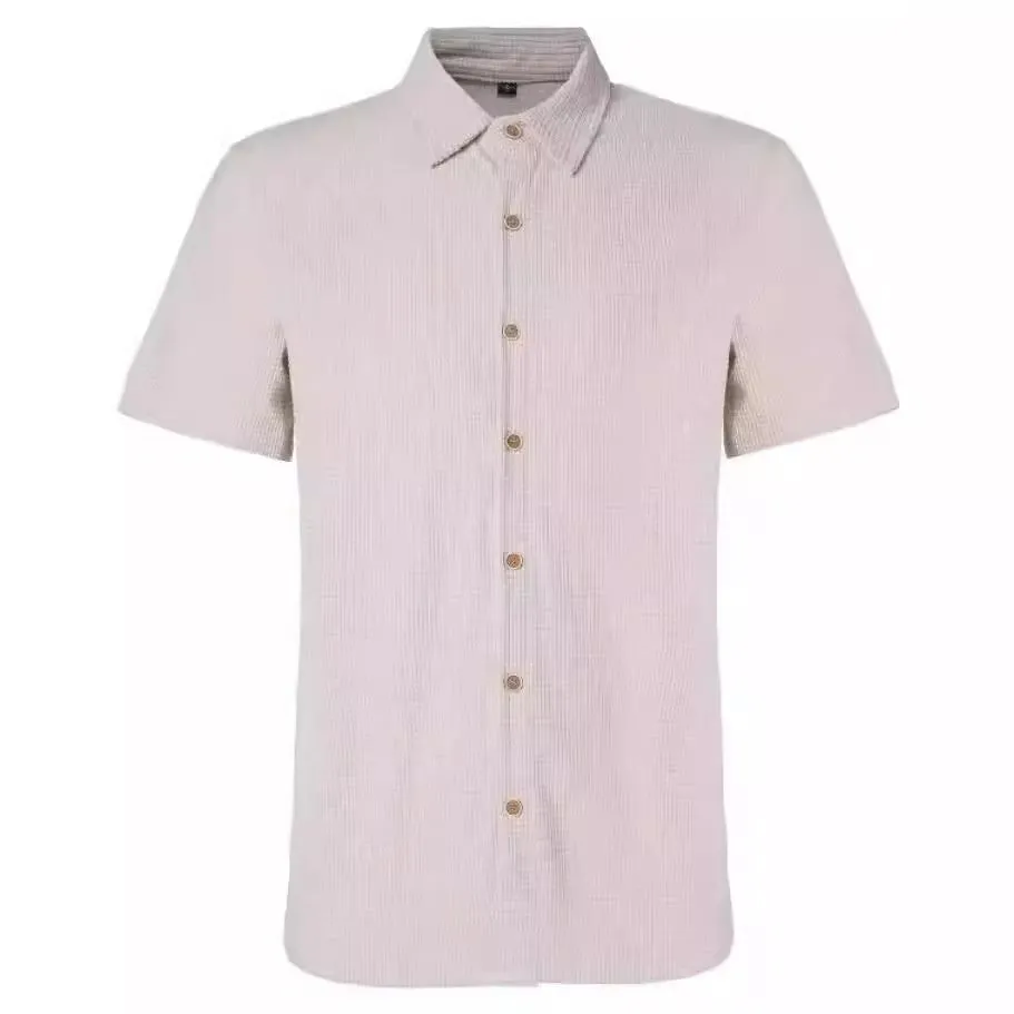 Men's casual waffle texture short-sleeved shirt in off-white with slim fit and classic collar