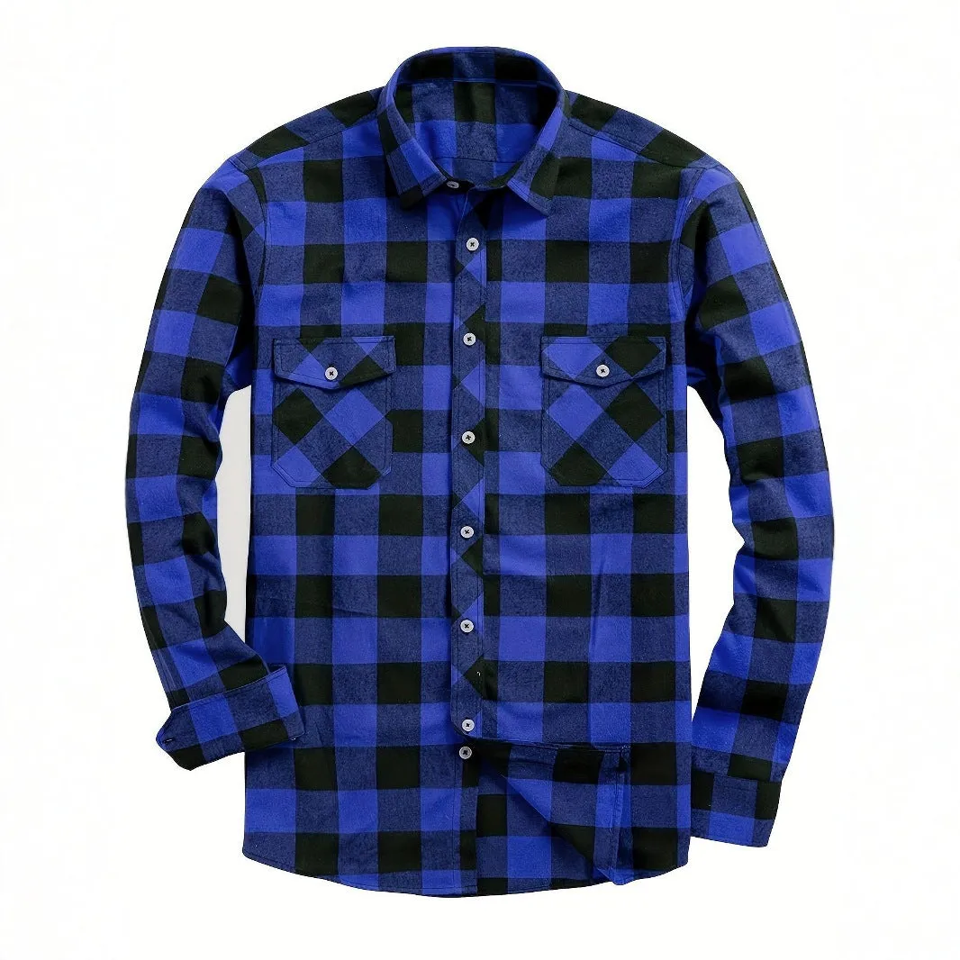 Flannel Plaid Shirt for Men All Seasons Versatile Loose Fit Long Sleeve Cardigan Style in Multiple Colours Black Blue White Red Orange Purple Yellow Green and Sizes S M L XL XXL XXXL