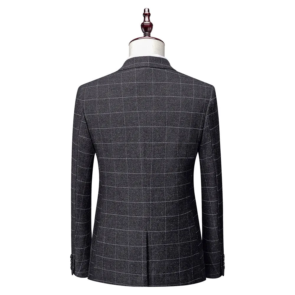 Men's business suit in dark grey polyester, Korean slim fit style with two-button placket and trousers